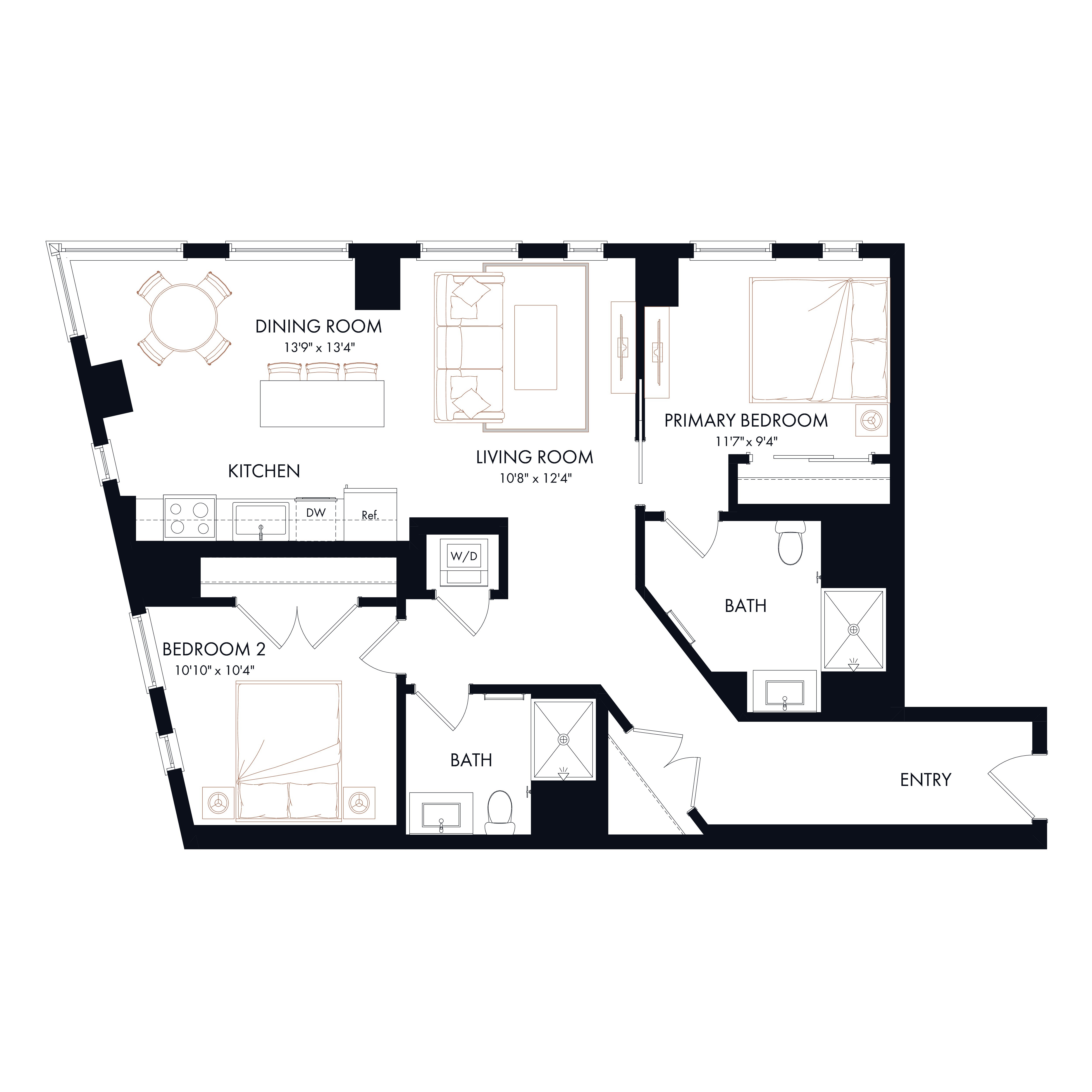 Floor plan layout diagram for B1 | 2 Bed | 2 Bath